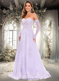 Marely A-line Sweetheart Sweep Train Tulle Prom Dresses With Sequins Appliques Lace STIP0025856