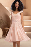 Amiya A-line V-Neck Knee-Length Chiffon Lace Homecoming Dress With Beading STIP0020565