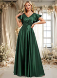 Isabell A-line V-Neck Floor-Length Satin Bridesmaid Dress With Ruffle STIP0025777