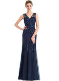 Bella Trumpet/Mermaid V-Neck Floor-Length Lace Tulle Evening Dress With Sequins STIP0020986