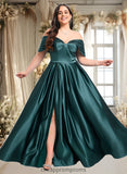 Lucile A-line Off the Shoulder Floor-Length Satin Prom Dresses With Pleated STIP0025851