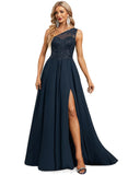 Aubrey A-line One Shoulder Illusion Sweep Train Chiffon Lace Evening Dress With Sequins STIP0020780