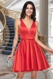 Kiersten A-line V-Neck Short/Mini Satin Homecoming Dress With Bow STIP0020583