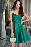 Kennedy A-line V-Neck Short/Mini Satin Homecoming Dress With Ruffle STIP0020539