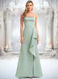 Brenda A-line Square Floor-Length Satin Bridesmaid Dress With Ruffle STIP0025736