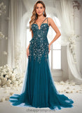 Sherlyn Trumpet/Mermaid V-Neck Sweep Train Tulle Prom Dresses With Sequins Appliques Lace STIP0025853