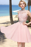 Janae A-line High Neck Knee-Length Chiffon Lace Homecoming Dress With Beading Sequins STIP0020596