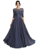 Brooklynn A-line Scoop Illusion Floor-Length Chiffon Lace Evening Dress With Pleated Sequins STIP0020942