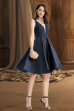 Madelyn A-line V-Neck Knee-Length Lace Satin Homecoming Dress With Beading STIP0020517