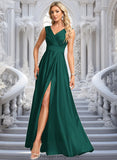 Iyana A-line V-Neck Floor-Length Satin Prom Dresses STIP0025877