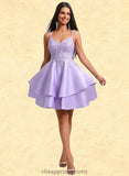 April A-line V-Neck Short Satin Homecoming Dress With Appliques Lace STIP0025692