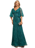 Kaila Sheath/Column V-Neck Floor-Length Lace Sequin Evening Dress STIP0020995