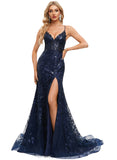 Natalie Trumpet/Mermaid V-Neck Sweep Train Lace Prom Dresses With Sequins STIP0020940