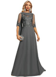 Tessa A-line Scoop Floor-Length Chiffon Lace Evening Dress With Pleated Sequins STIP0020841