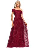 Tricia A-line Off the Shoulder Floor-Length Lace Tulle Evening Dress With Pleated Sequins STIP0020992