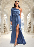 Amiya A-line One Shoulder Floor-Length Stretch Satin Bridesmaid Dress With Bow STIP0025730