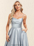 Cindy A-line V-Neck Tea-Length Satin Homecoming Dress STIP0025694