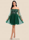 Abigail A-line Off the Shoulder Short Tulle Homecoming Dress With Sequins Appliques Lace STIP0025663