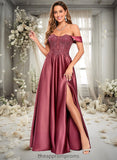 Zariah A-line Off the Shoulder Floor-Length Satin Lace Prom Dresses With Sequins STIP0025841