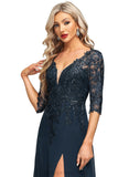 Emilie Sheath/Column V-Neck Floor-Length Chiffon Lace Evening Dress With Sequins STIP0020915