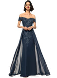 Hadley Sheath/Column Off the Shoulder Floor-Length Chiffon Lace Evening Dress With Sequins STIP0020812