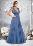 Kamari A-line V-Neck Sweep Train Tulle Prom Dresses With Bow STIP0025854