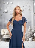 America A-line V-Neck Floor-Length Chiffon Bridesmaid Dress With Ruffle STIP0025802