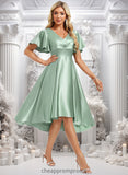 Cassie A-line V-Neck Asymmetrical Stretch Satin Bridesmaid Dress With Ruffle STIP0025772