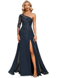 Frederica Sheath/Column One Shoulder Floor-Length Chiffon Lace Evening Dress With Sequins STIP0020775