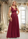 Jess A-line V-Neck Floor-Length Stretch Satin Bridesmaid Dress STIP0025771