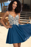 Piper A-line V-Neck Short/Mini Chiffon Lace Homecoming Dress With Beading STIP0020572