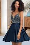 Reyna A-line V-Neck Short/Mini Satin Homecoming Dress With Beading Sequins STIP0020566