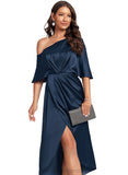 Catherine Sheath/Column One Shoulder Tea-Length Silky Satin Cocktail Dress STIP0020834