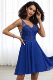 Brylee A-line V-Neck Short/Mini Chiffon Lace Homecoming Dress With Beading STIP0020563