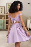 Jaliyah A-line Off the Shoulder Short/Mini Satin Homecoming Dress With Bow STIP0020568