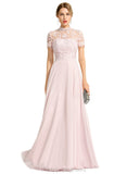 Elsie A-line High Neck Floor-Length Chiffon Lace Evening Dress STIP0020977