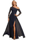 Shiloh Trumpet/Mermaid Asymmetrical Illusion Floor-Length Chiffon Lace Evening Dress With Sequins STIP0020772