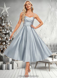 Nan A-line V-Neck Tea-Length Satin Bridesmaid Dress STIP0025794