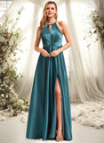 Addisyn A-line Halter Floor-Length Stretch Satin Bridesmaid Dress STIP0025731