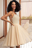 Sandy A-line Square Knee-Length Chiffon Homecoming Dress With Beading Sequins STIP0020575