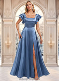 Rubi A-line Square Floor-Length Stretch Satin Bridesmaid Dress With Ruffle STIP0025769