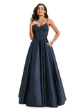 Claire A-line V-Neck Floor-Length Lace Satin Prom Dresses With Sequins STIP0020847