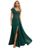 Rubi Trumpet/Mermaid One Shoulder Floor-Length Chiffon Lace Evening Dress With Pleated Sequins STIP0020863