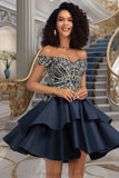 Sadie A-line Off the Shoulder Short/Mini Satin Homecoming Dress STIP0020562