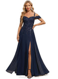 Zoe A-line Cold Shoulder Off the Shoulder Floor-Length Chiffon Lace Evening Dress With Sequins STIP0020794