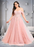 Marlee A-line Sweetheart Off the Shoulder Floor-Length Tulle Floral Lace Prom Dresses With Appliques Lace STIP0025870