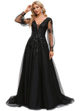 Bailee Ball-Gown/Princess V-Neck Sweep Train Lace Tulle Prom Dresses With Sequins STIP0020894