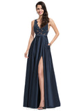 Cora A-line V-Neck Floor-Length Lace Satin Evening Dress With Sequins STIP0020947