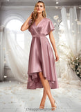 Macy A-line V-Neck Asymmetrical Stretch Satin Bridesmaid Dress STIP0025752