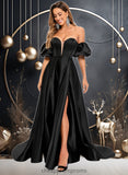 Teagan A-line V-Neck Sweep Train Satin Prom Dresses STIP0025842